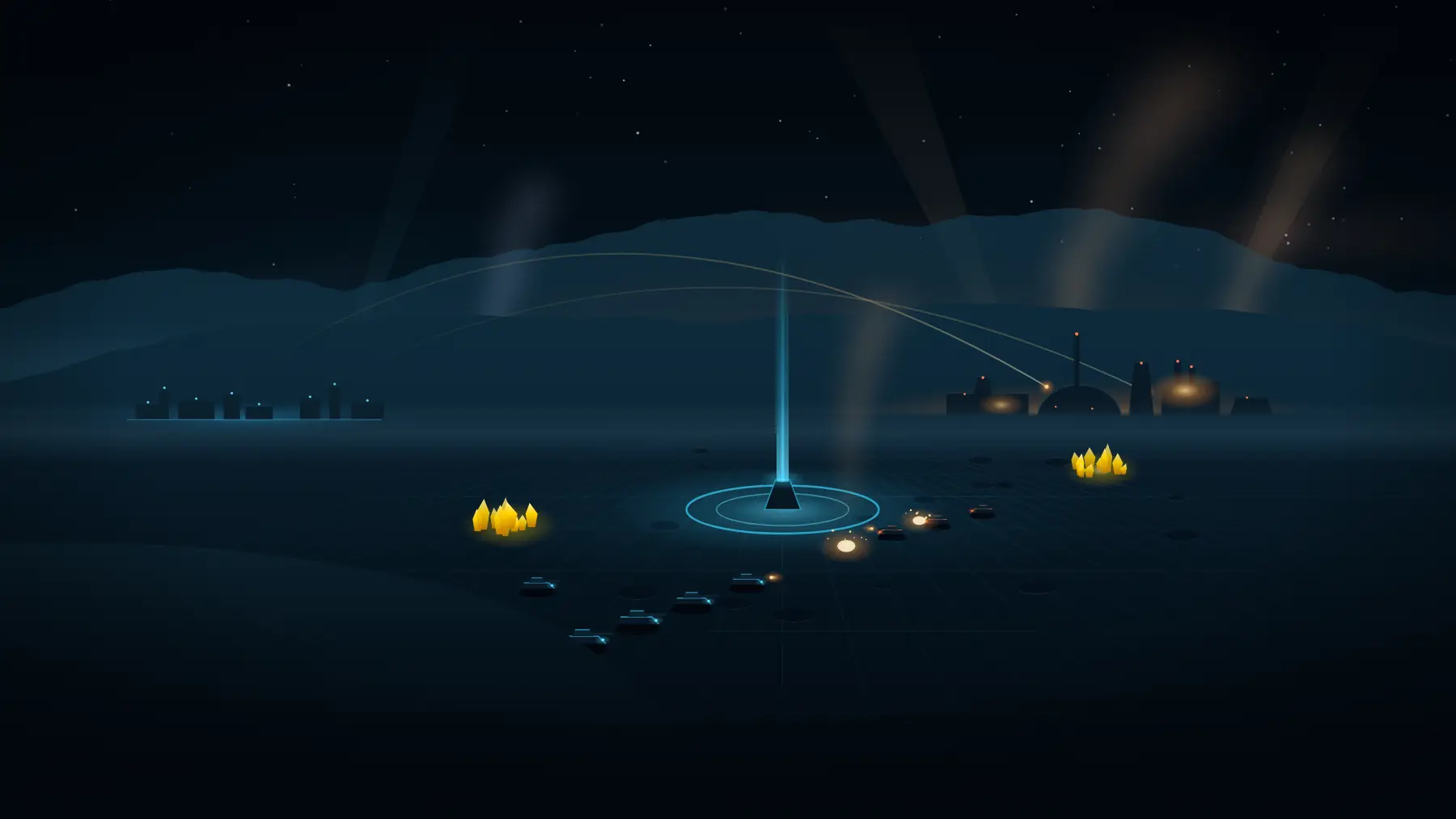 An ARENA battlefield at night: friendly armour advances on the contested Nexus toward the burning enemy base.